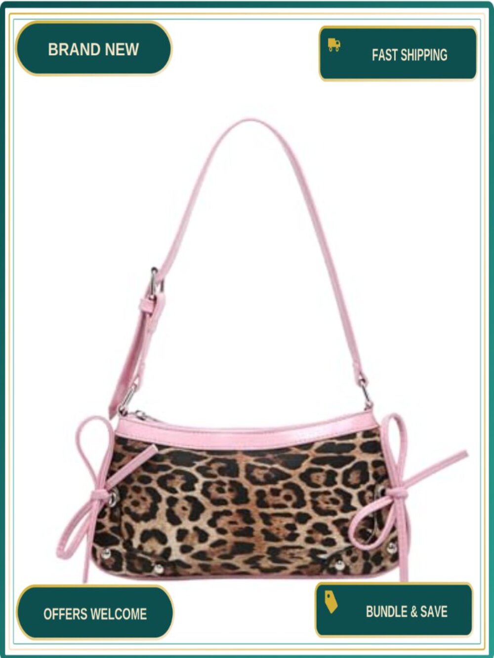 Soft Fabric Leopard Print Mini Shoulder Bag Studded Zipper Purse
